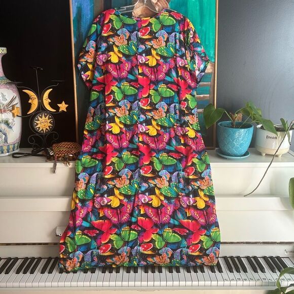Vibrant Multicolor Maxi Dress with Butterflies and Gold Accents One Size - Picture 7 of 16